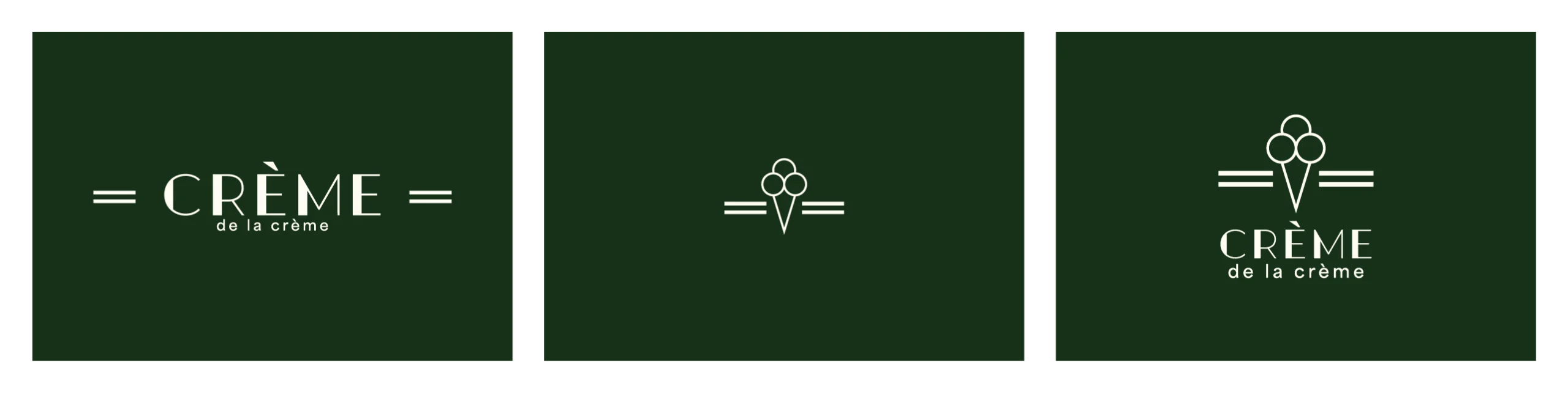 Rebranding logotypów marki Crème de la crème przedstawiający nowe warianty identyfikacji wizualnej lodziarni premium.