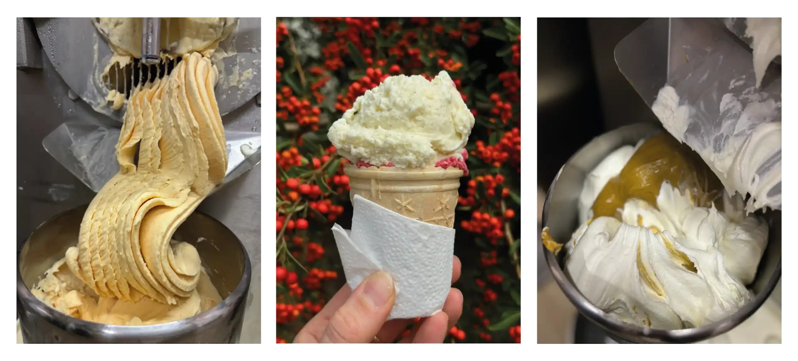Proces produkcji rzemieślniczych lodów Crème de la crème oraz lody premium w waflu.